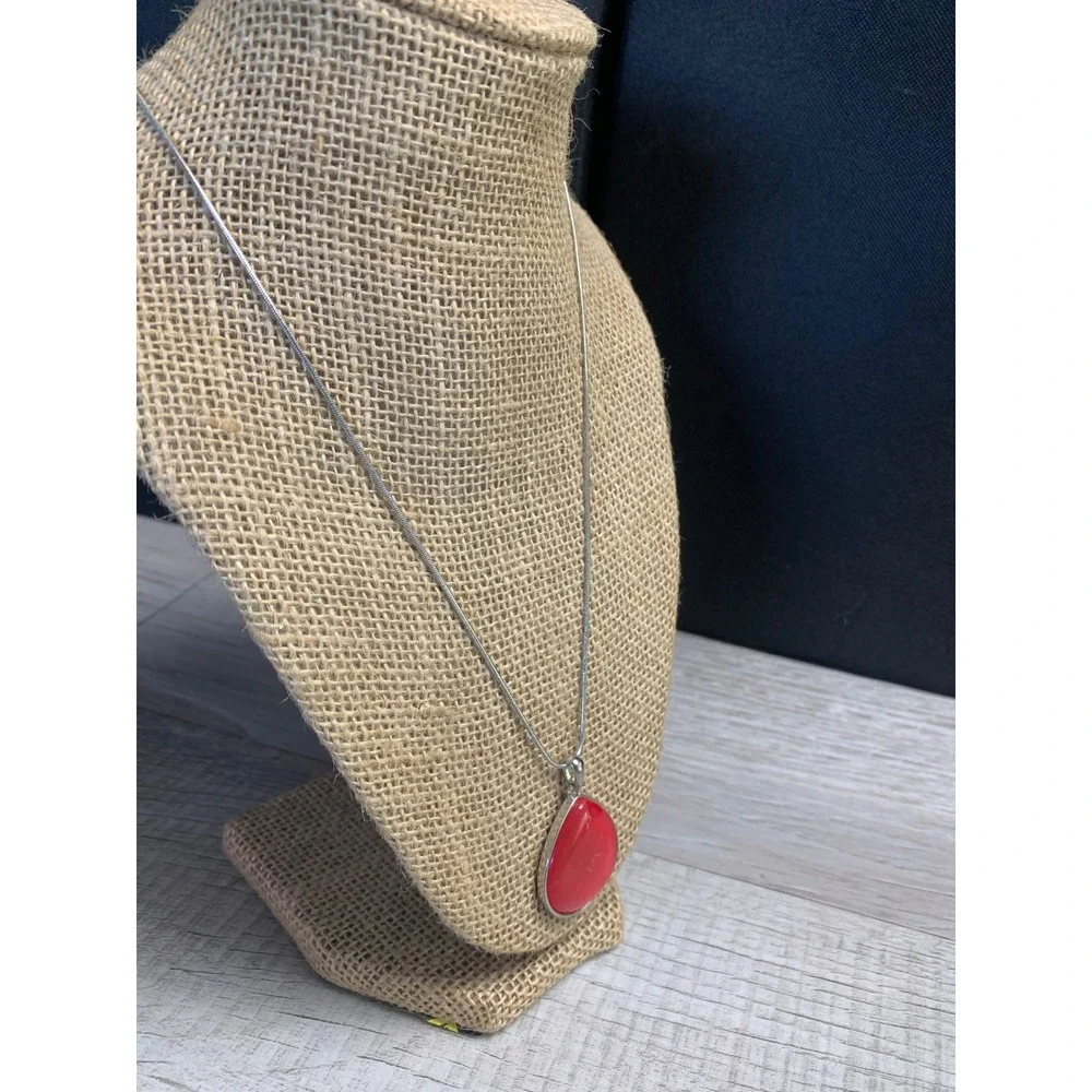 Red Teardrop Pendant Necklace Silver Tone Snake Chain Adjustable 20 Inch